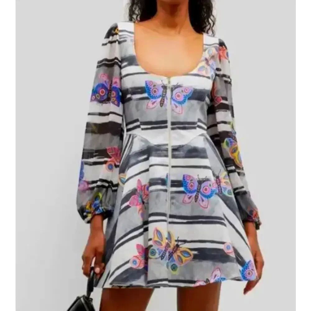 Autumn Adeigbo Butterfly Fit & Flare Dress Size 12 Long Sleeve Zip Front Mini - Picture 2 of 11